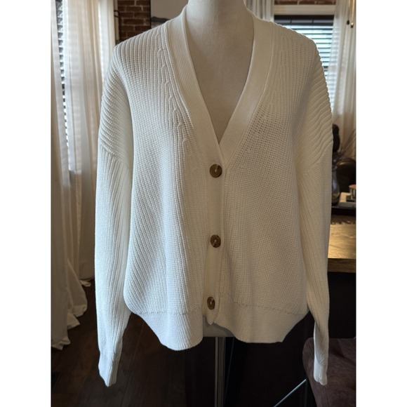 Quince Women 100% Organic Cotton Fisherman Boxy Cropped Cardigan Ivory/White XL - Picture 2 of 7